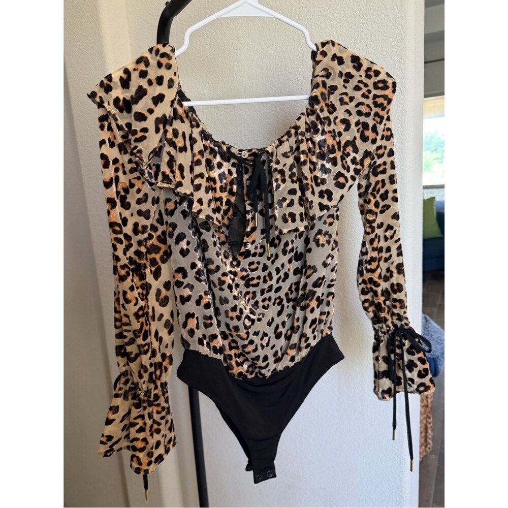 House of Harlow 1960 x Revolve Leopard Ruffle Tie-Neck Bodysuit - Beige/Black XS